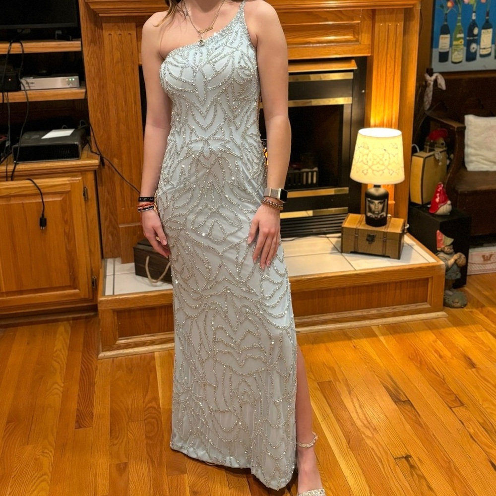 One-Shoulder Dress in Soft Blue with Silver Beading